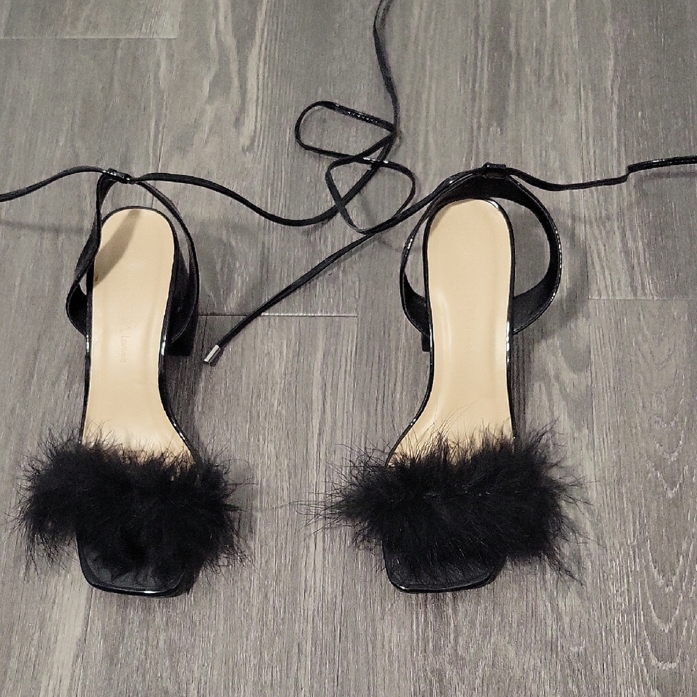 Wild Diva Black Heeled Sandals with Furry Straps